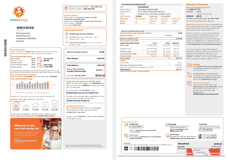 Australia Alinta Energy electricity business utility bill template in Word and PDF format, 2 pages